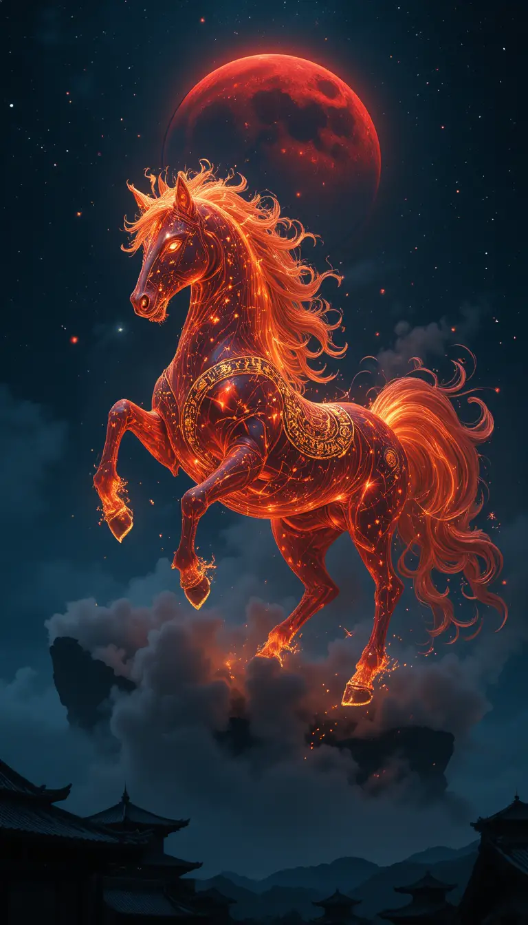 Cavallo di fuoco celestiale che si innalza in un cielo notturno cosmico