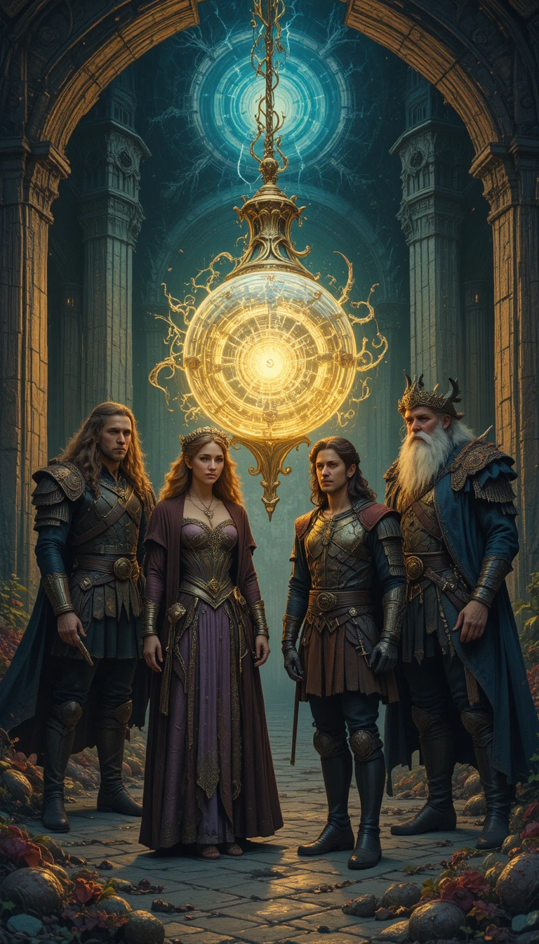 Héros de fantasy rassemblés devant un orbe mystique lumineux