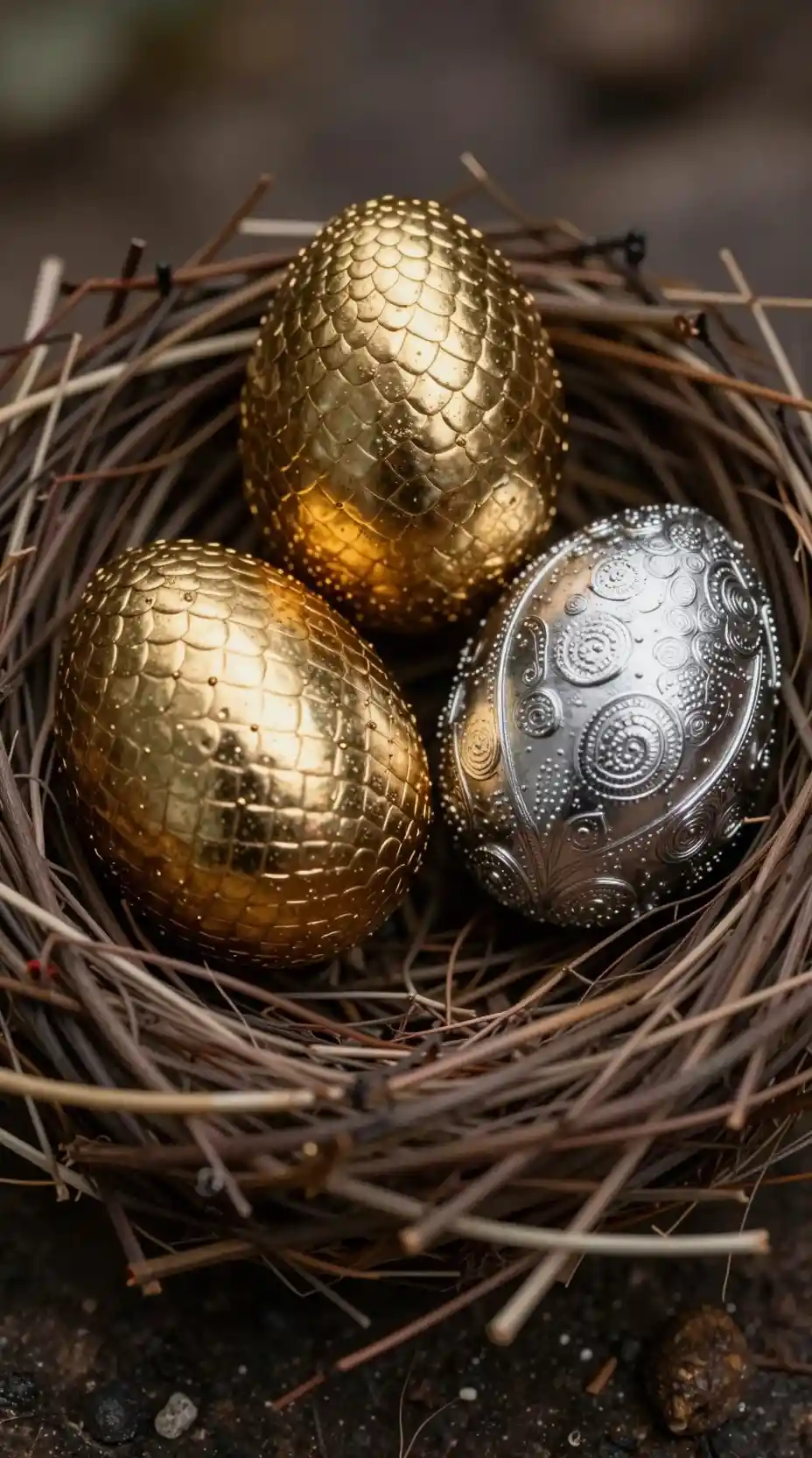 Golden silver and bronze dragon eggs resting in a nest