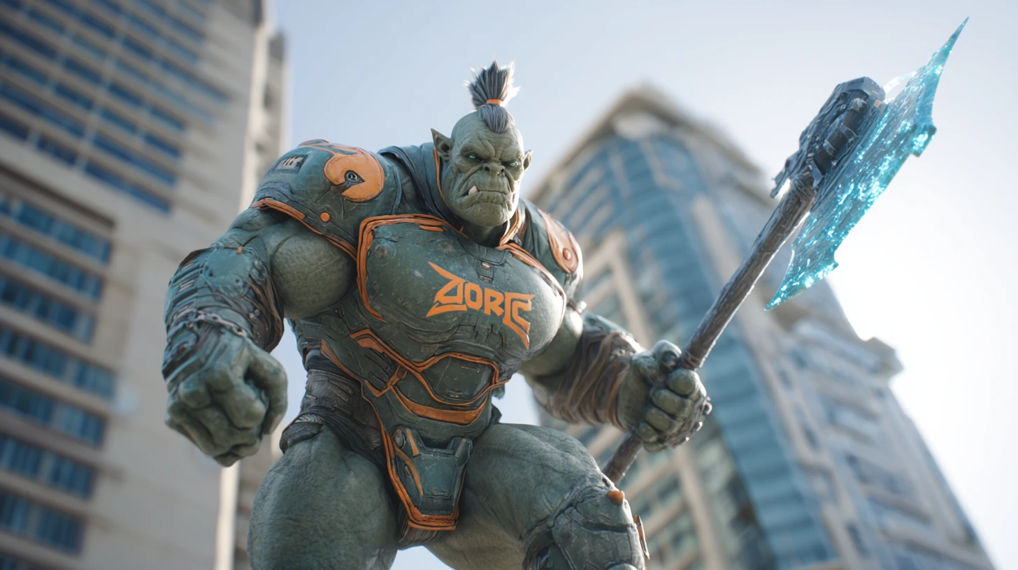 Super-herói orc heroico posando no topo de um prédio da cidade