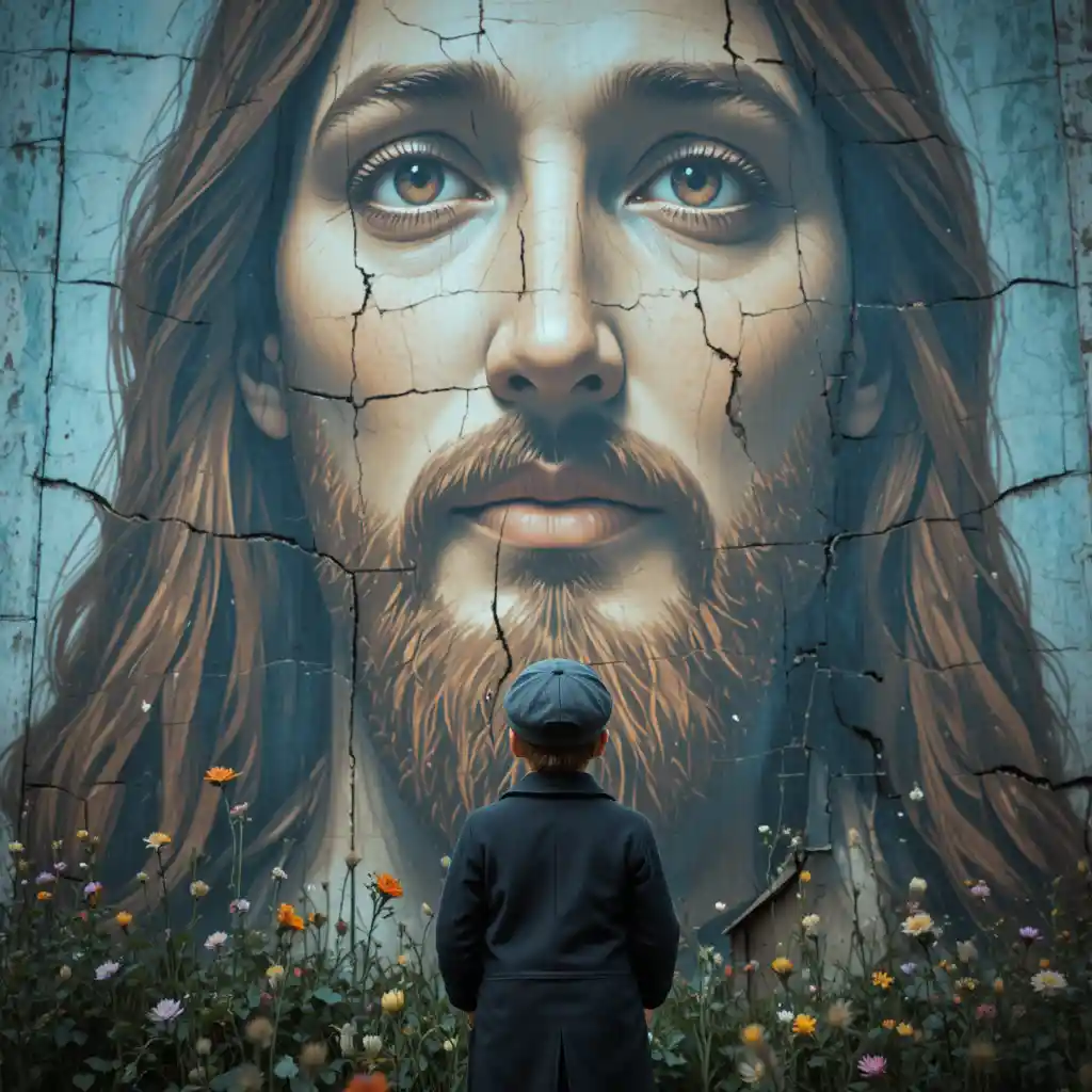 Small boy gazing up at a weathered mural of jesus
