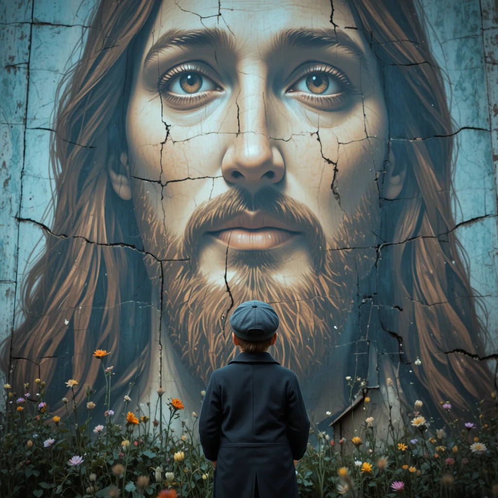 Petit garçon levant les yeux vers une fresque vieillie de Jésus