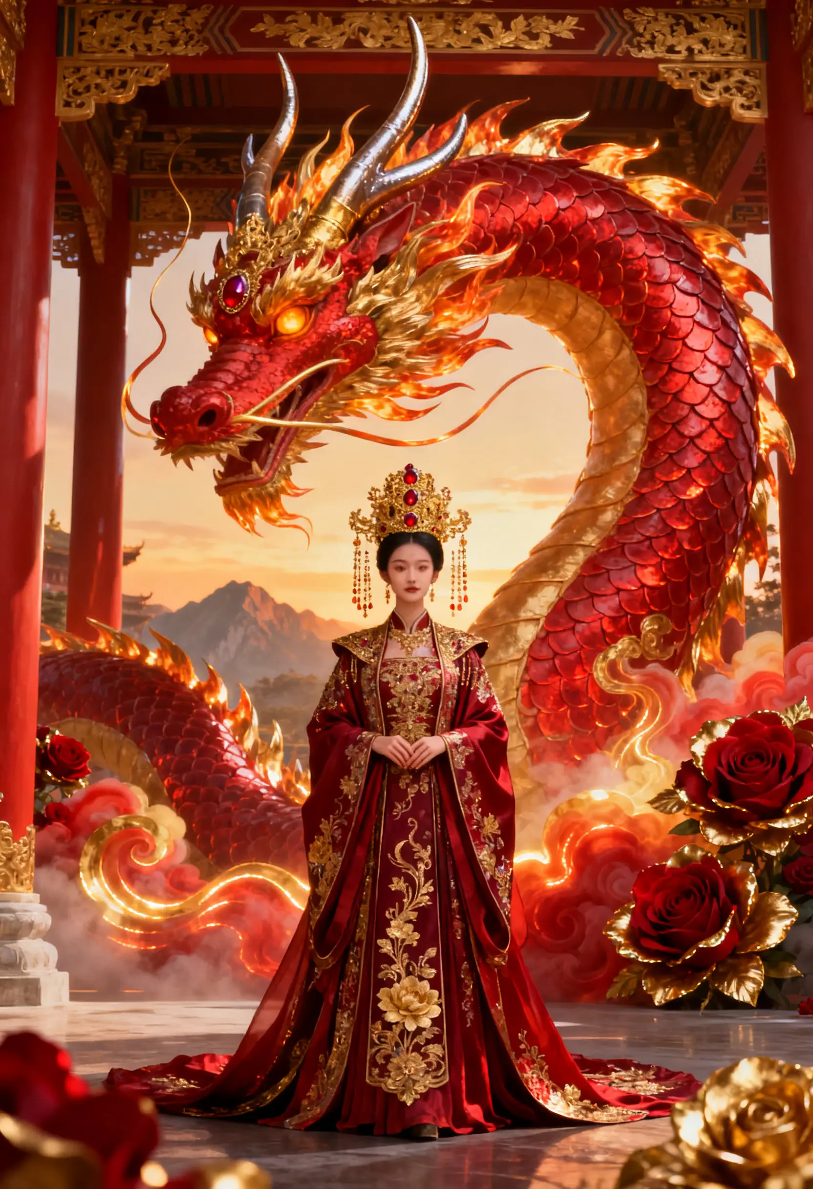 Imperial woman with golden dragon in ornate red palace