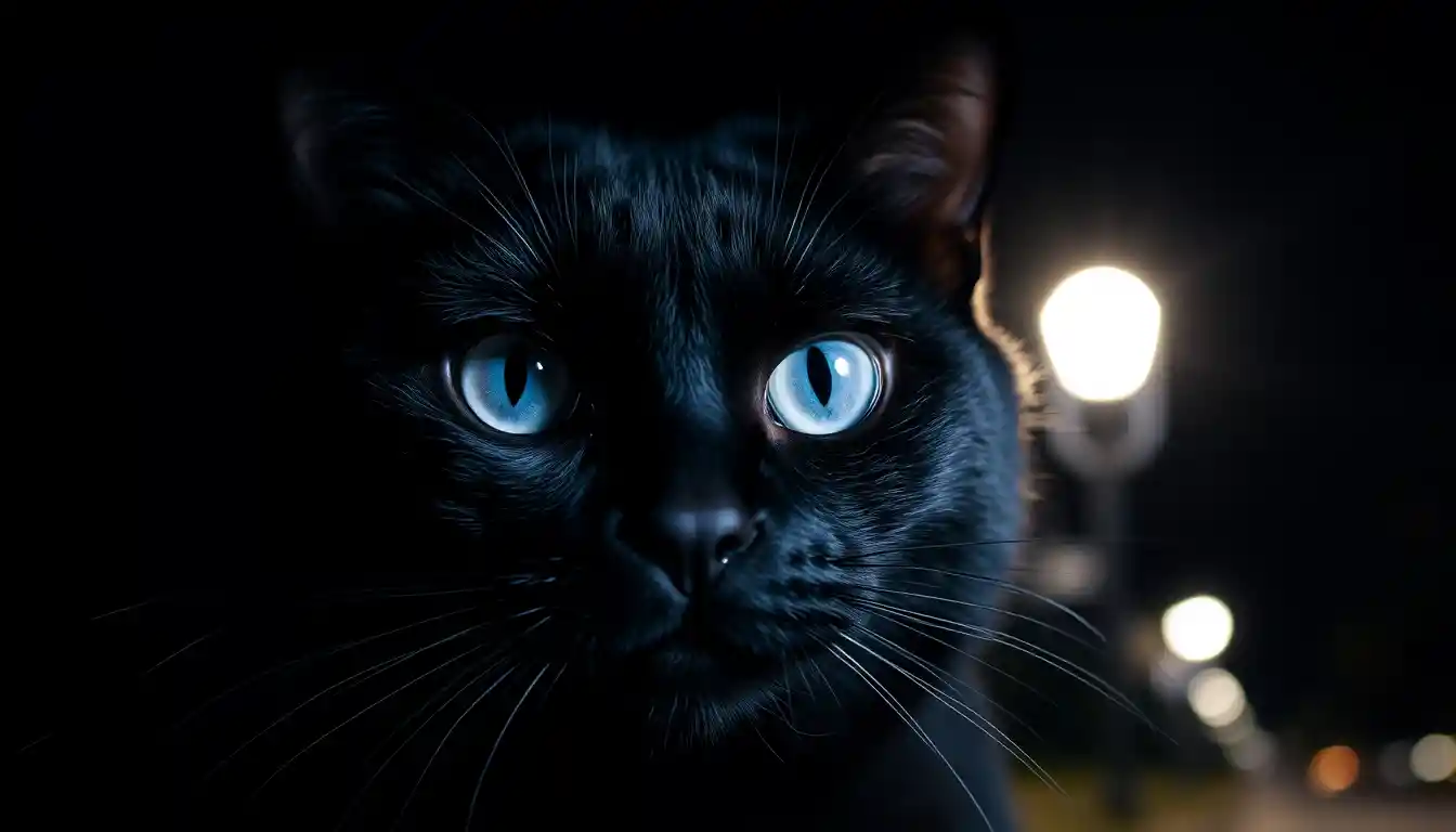 Gato preto em close com olhos azuis vibrantes à noite