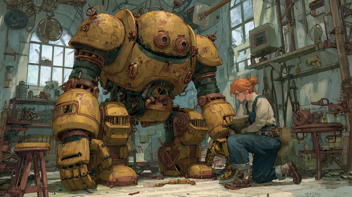 Robot steampunk y asistente de laboratorio en el desordenado taller de un inventor