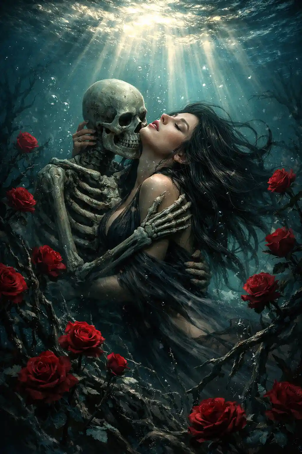 Spooky skeleton embracing a dark haired woman underwater