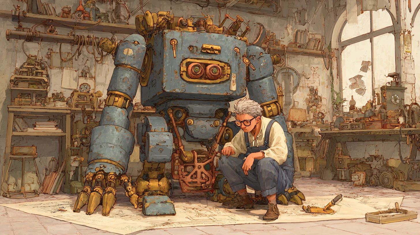 Robot steampunk y mecánica en un taller desordenado de inventor