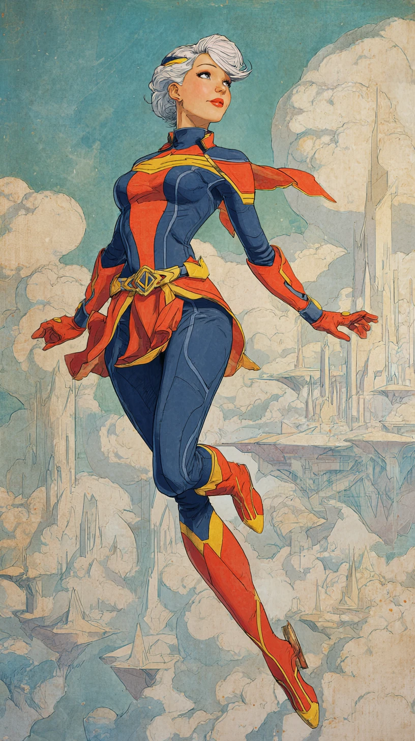 Supereroina retro-futuristica che salta tra isole fluttuanti