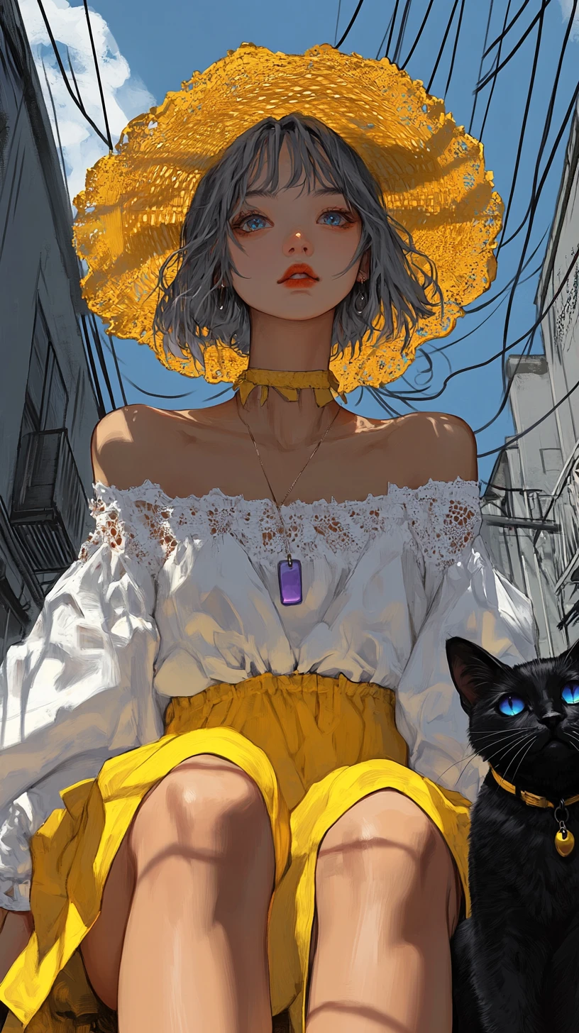 Young woman in yellow with cat in monochrome city