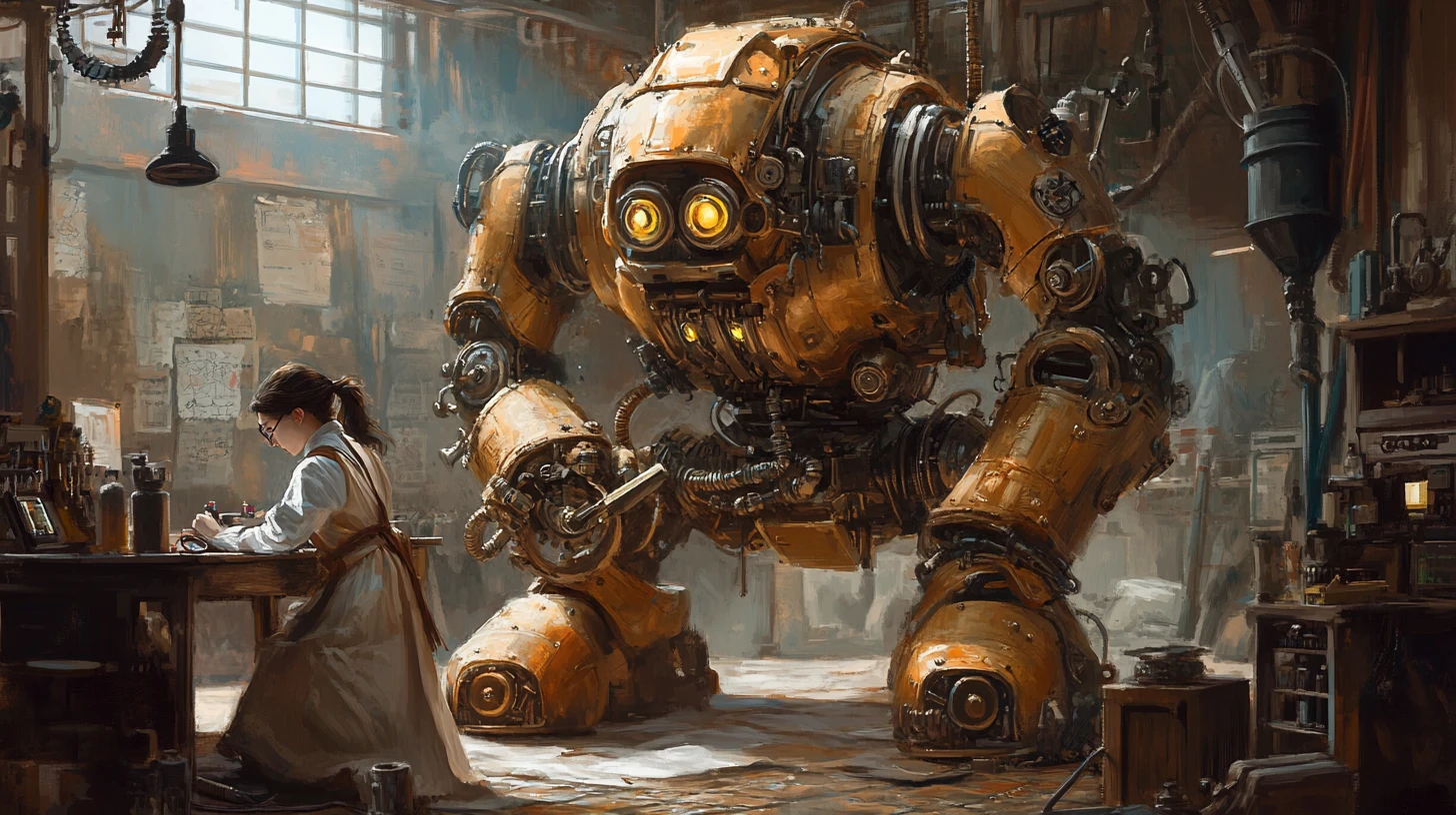 Robot steampunk y mecánica en el desordenado taller de un inventor