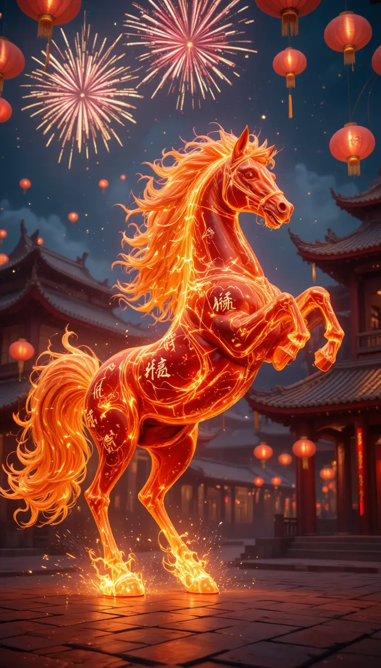Fiery zodiac horse rearing under glowing lantern night sky