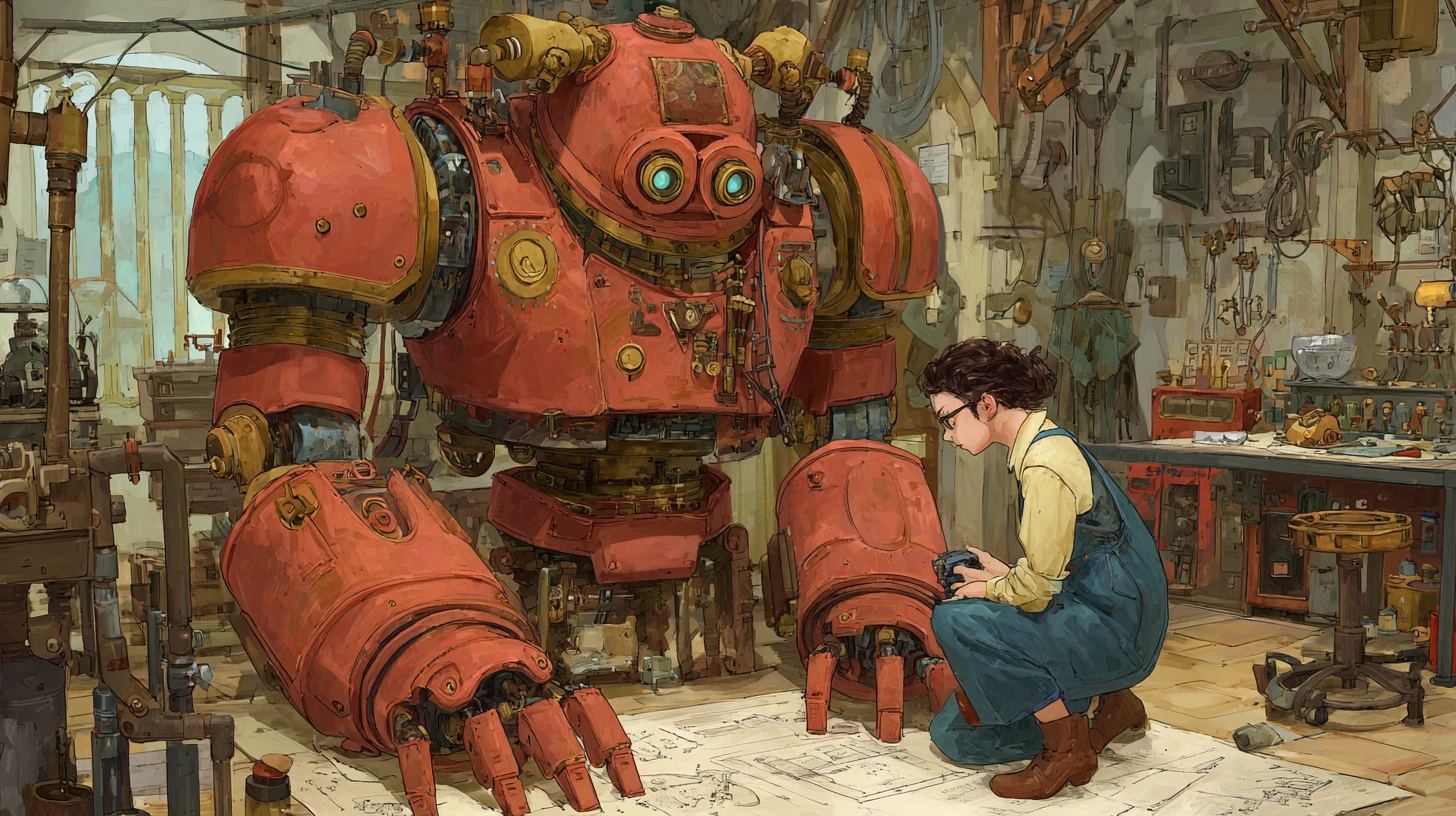 Robot steampunk y asistente de laboratorio en el desordenado taller de un inventor