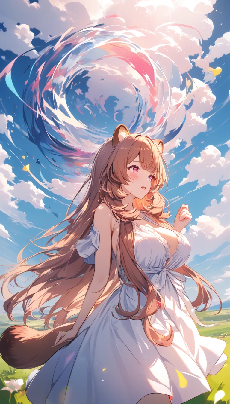 Garota guaxinim de anime em vestido transparente sob o céu azul
