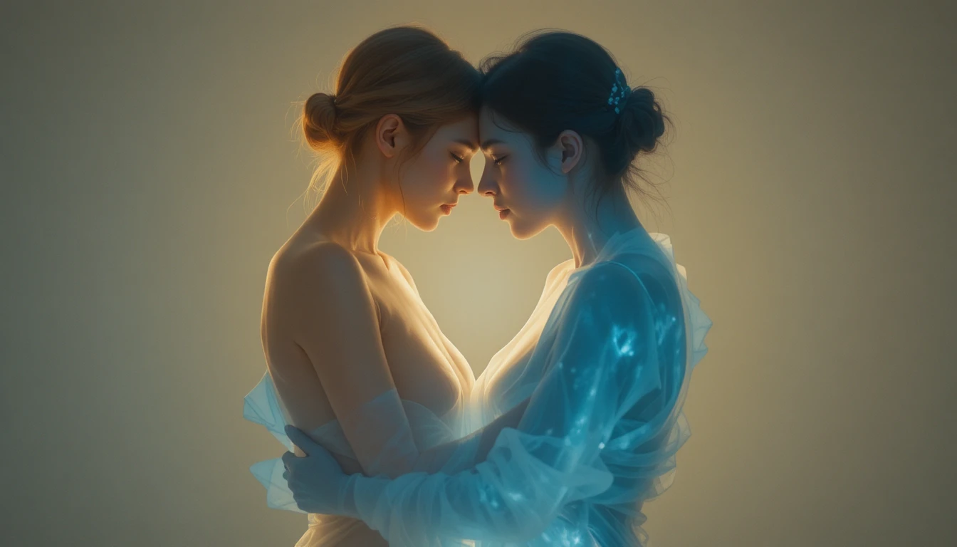 Woman embracing her translucent self in soft studio light
