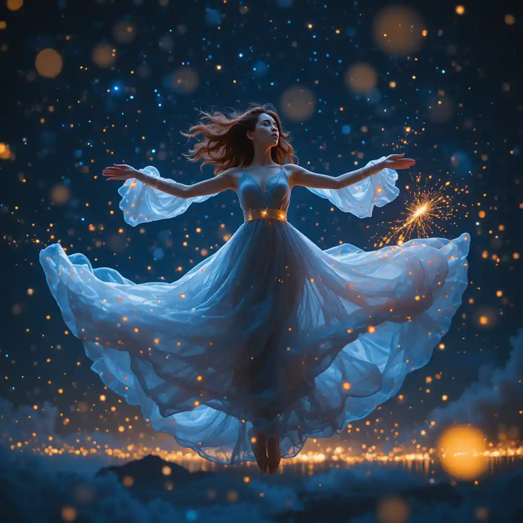 Weightless Korean woman dancing in a glowing night vortex