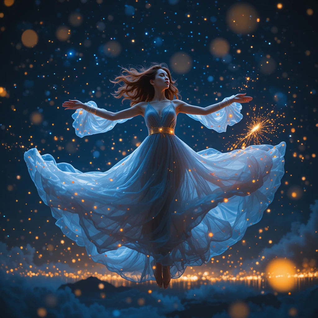 Weightless Korean woman dancing in a glowing night vortex