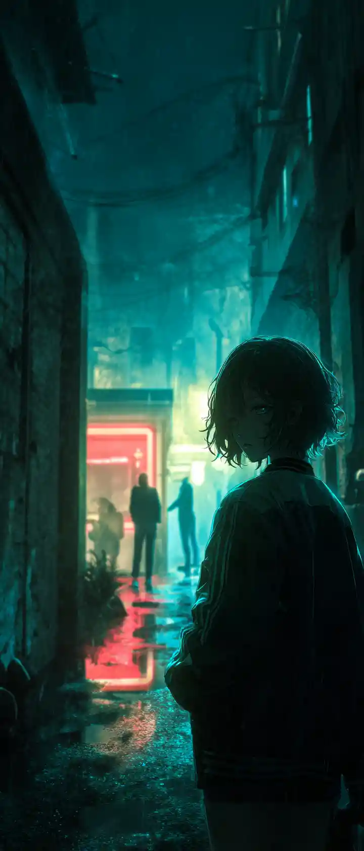 Anime girl walking alone in neon lit midnight alley