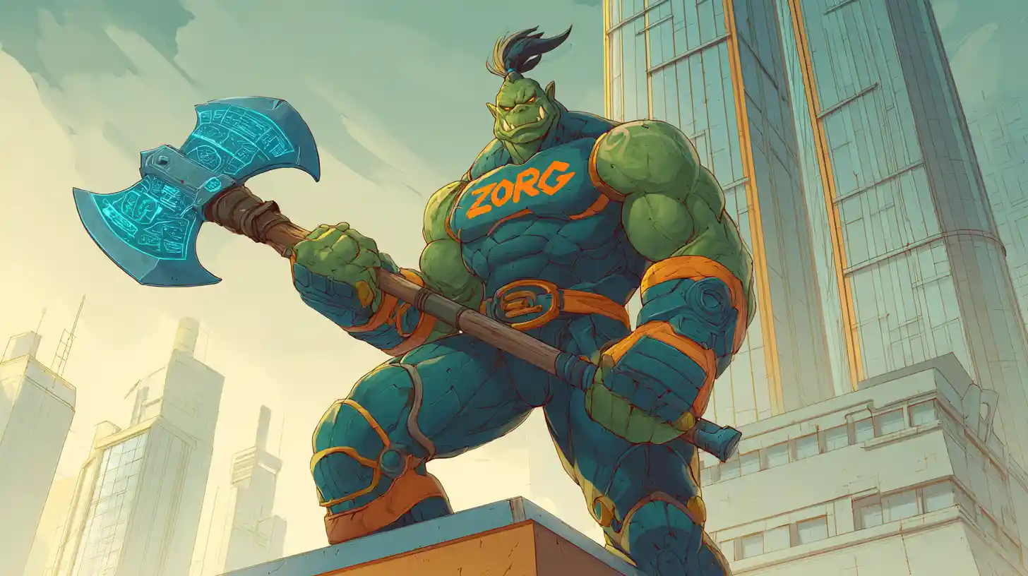 Superhéroe orco heroico posando con hacha brillante sobre la ciudad