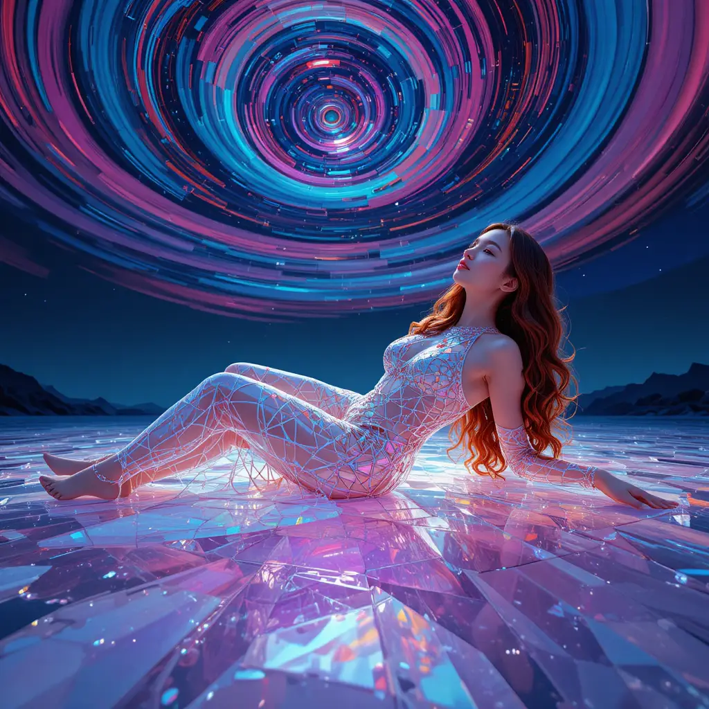 Mujer coreana con vestido prisma de cristal sobre llanura de cuarzo brillante