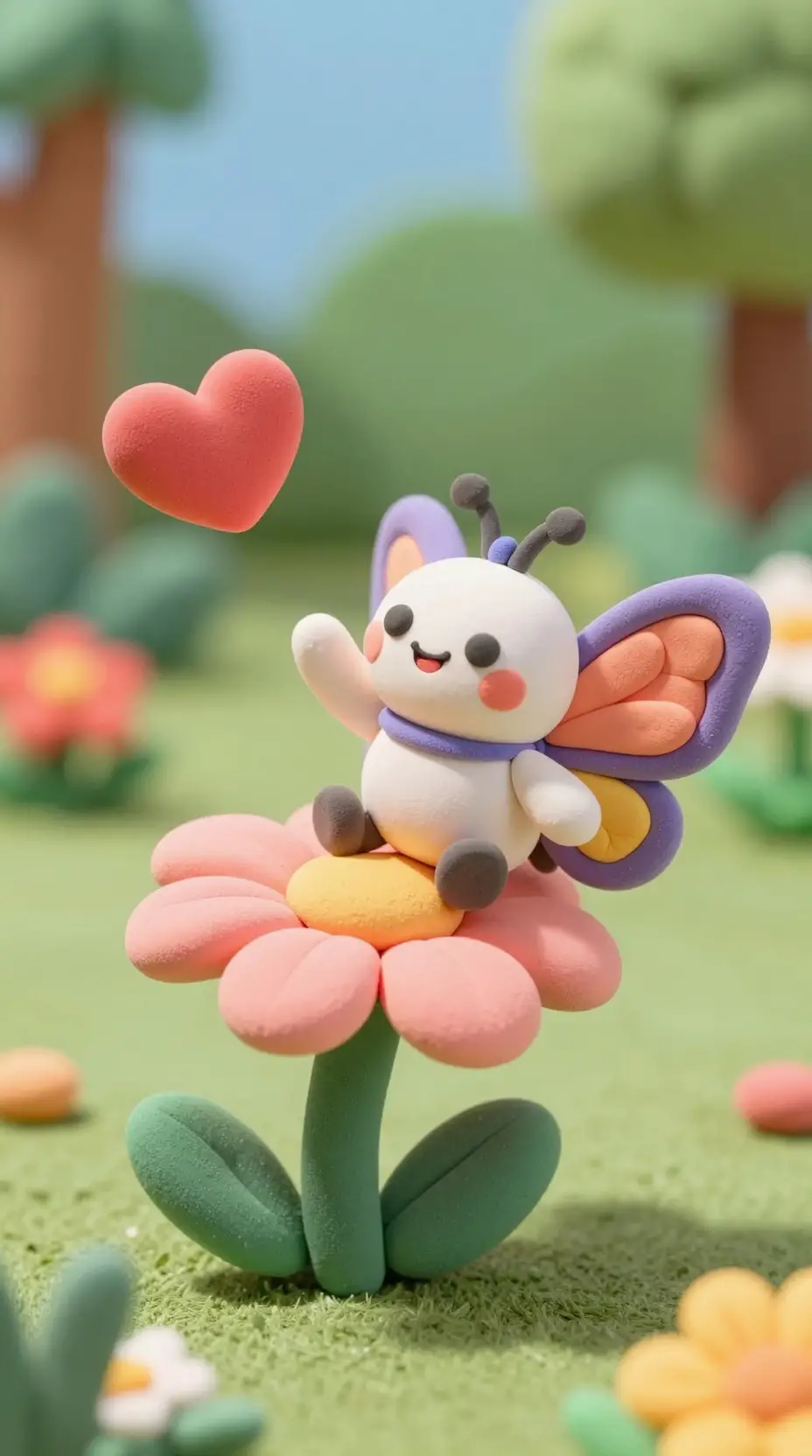 ピンクの花の上にハートがあるかわいい粘土の蝶