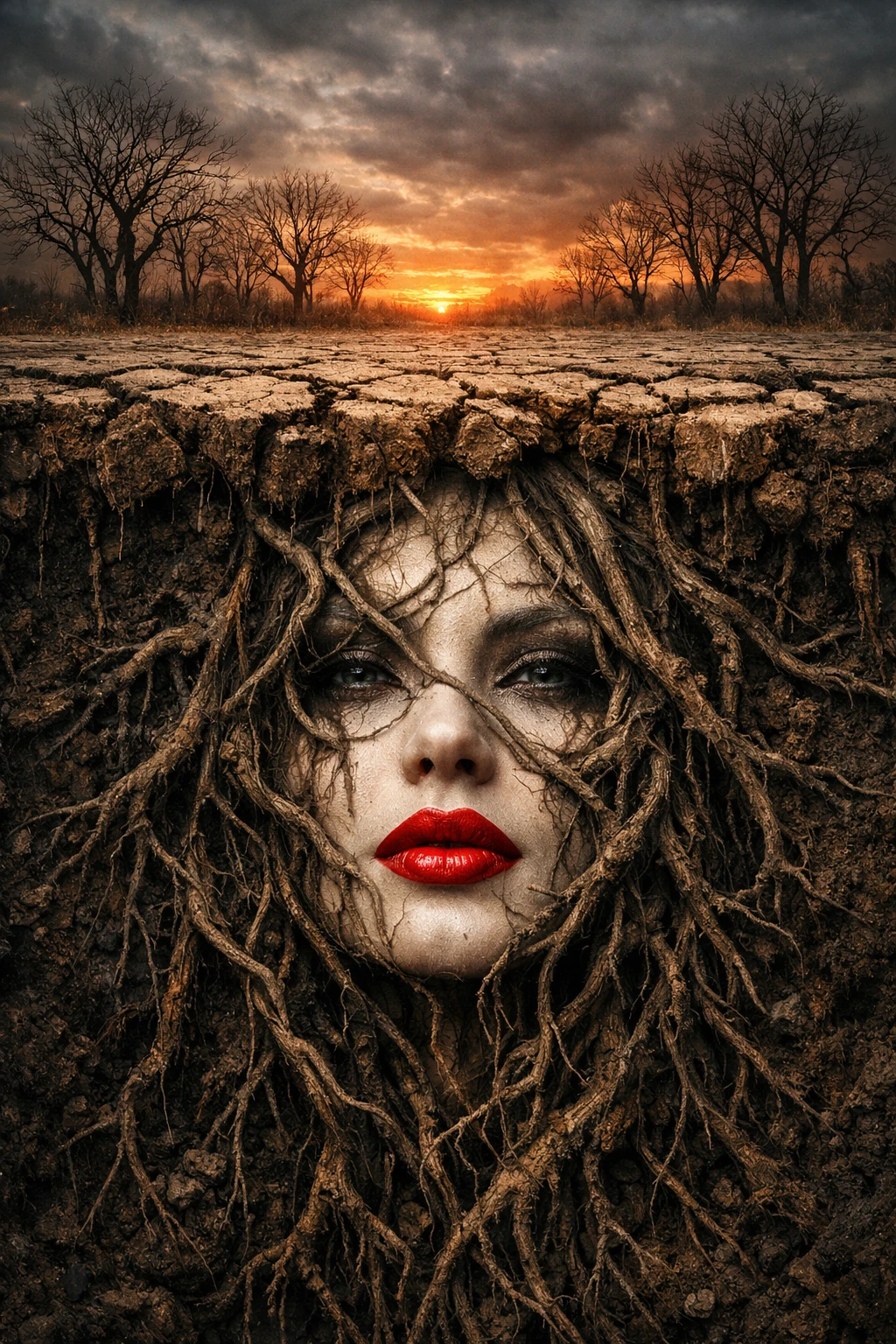 Surreal woman fused with roots below a barren sunset