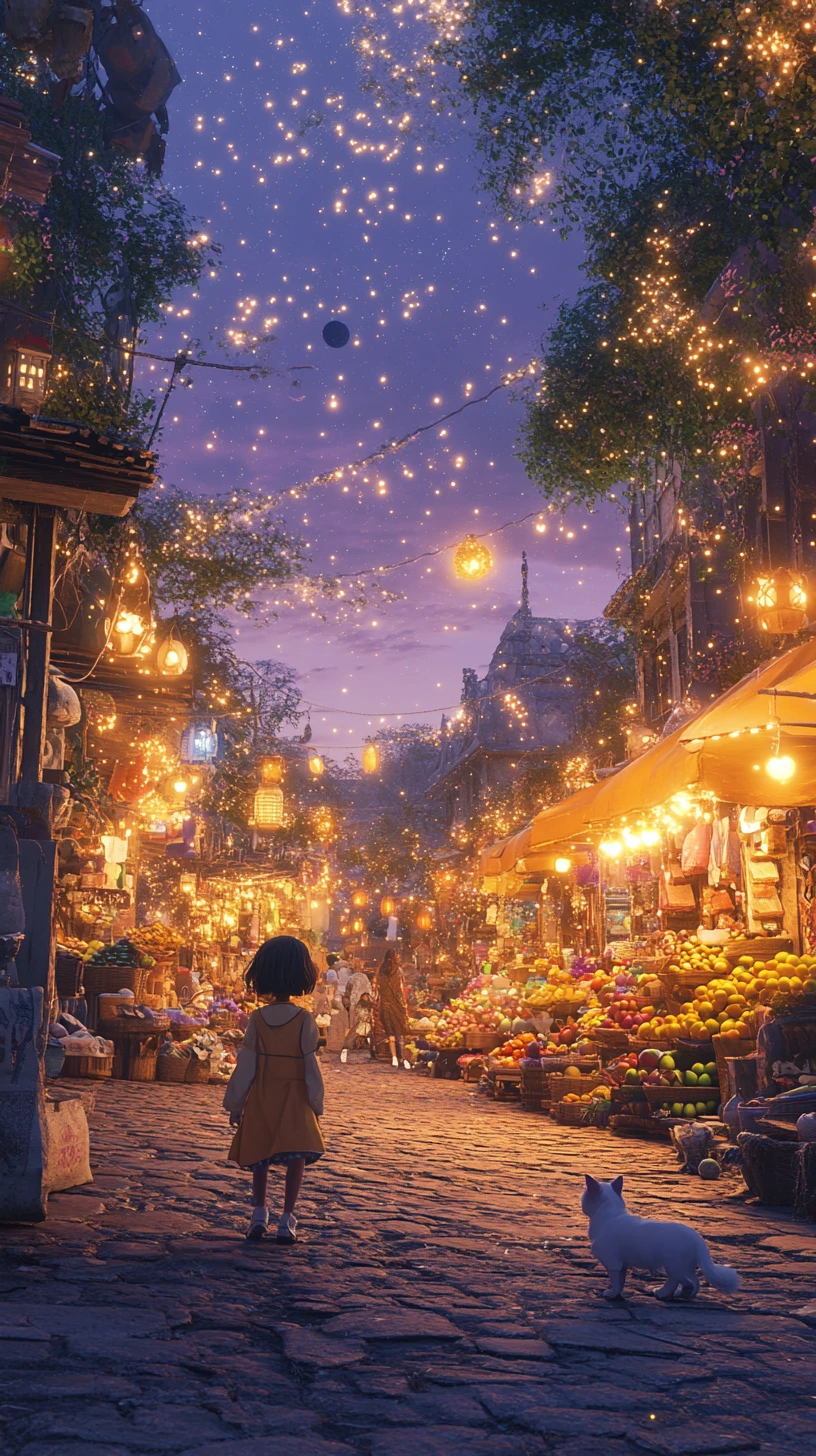 夕暮れの小さなファンタジー市場を探検する少女と猫