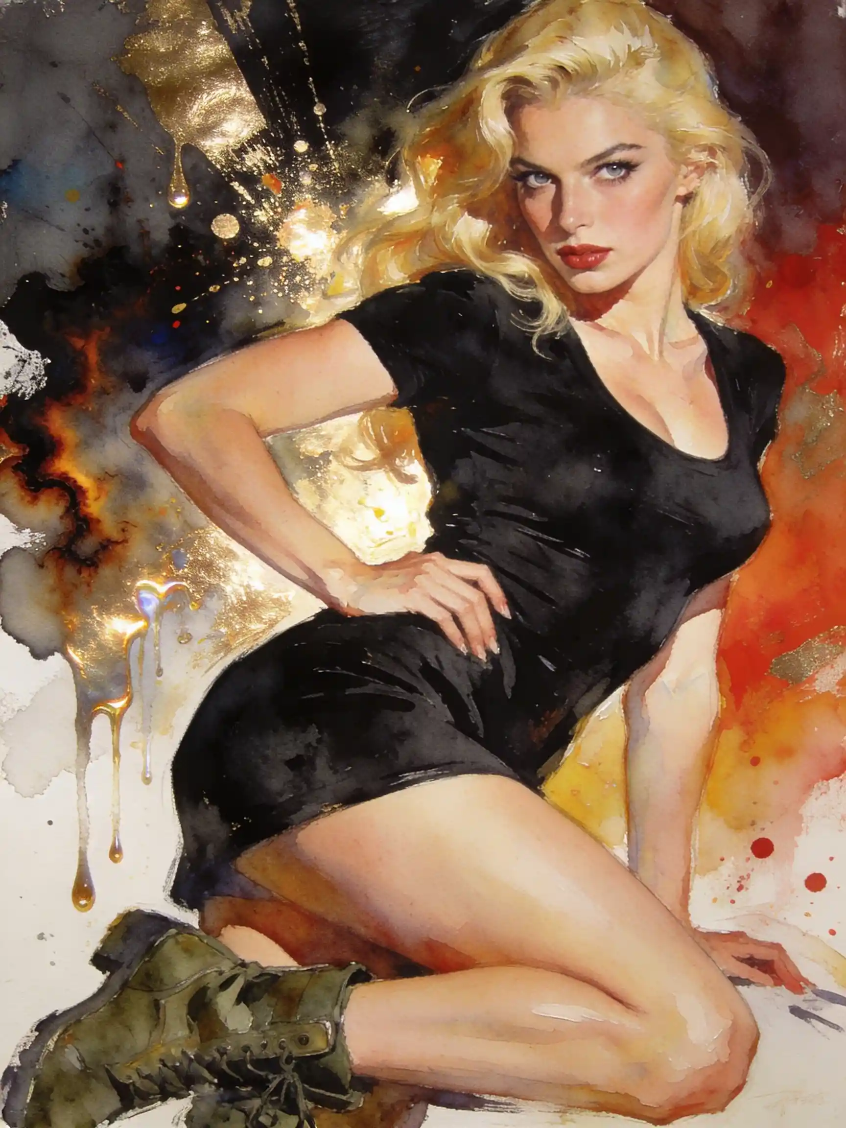 Confident blonde pin up woman in black dress and boots