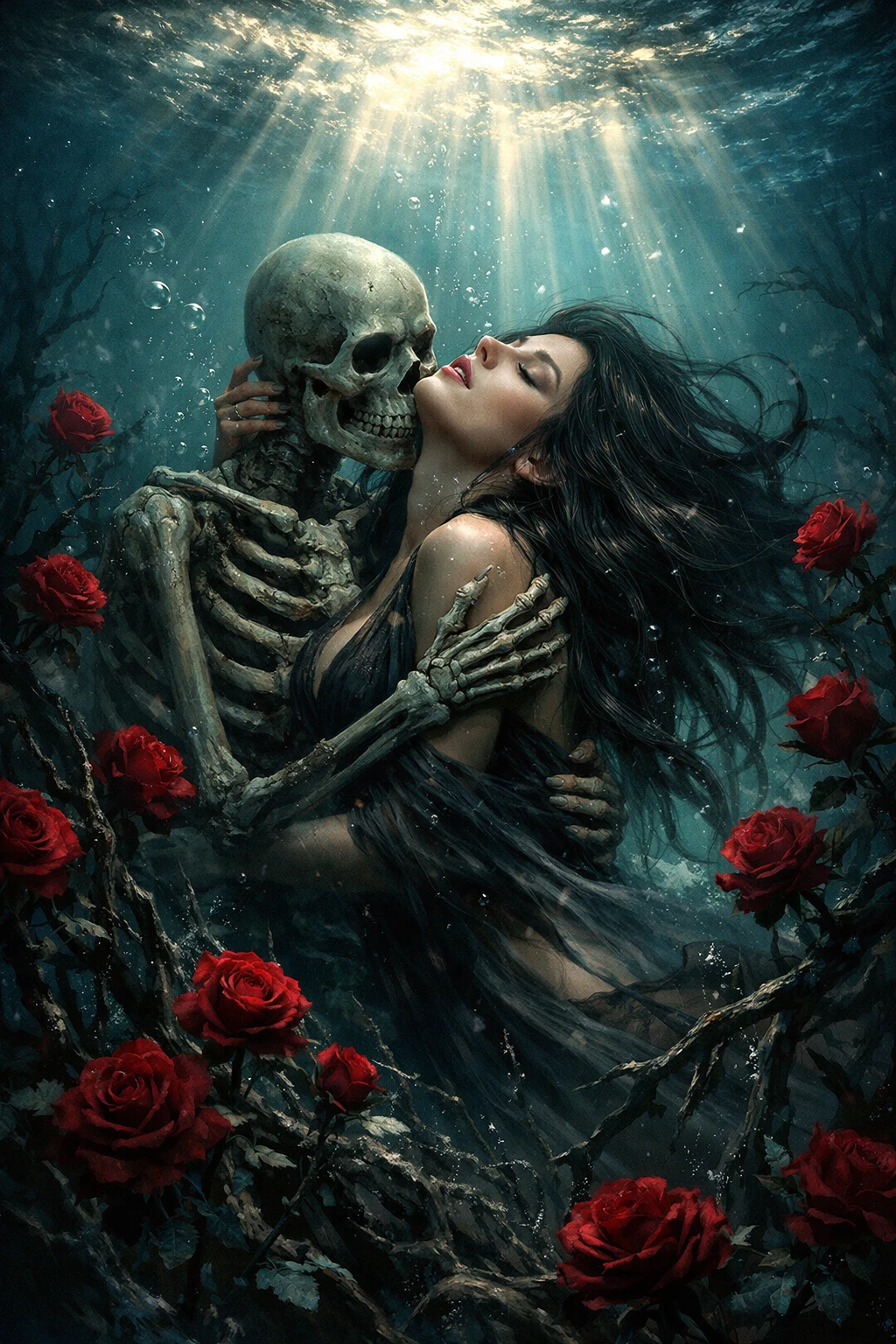 Spooky skeleton embracing a dark haired woman underwater