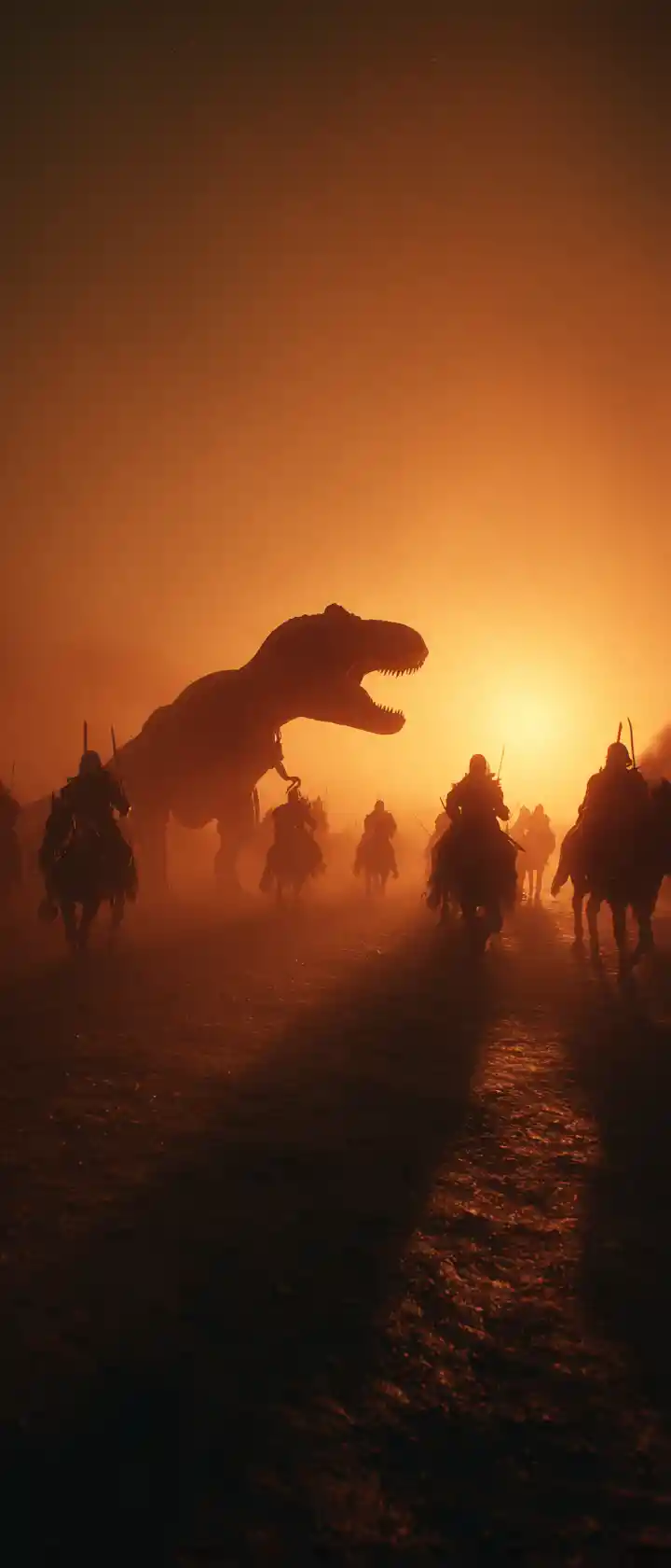 Roman legionaries battle a towering tyrannosaurus at dusk