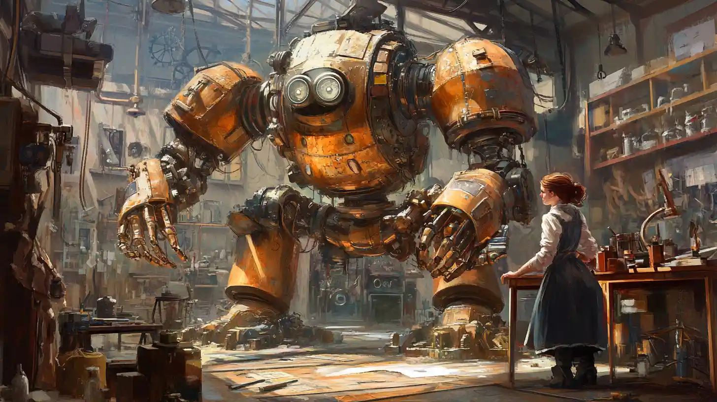 Steampunk robot and mechanic in a cluttered inventor workshop