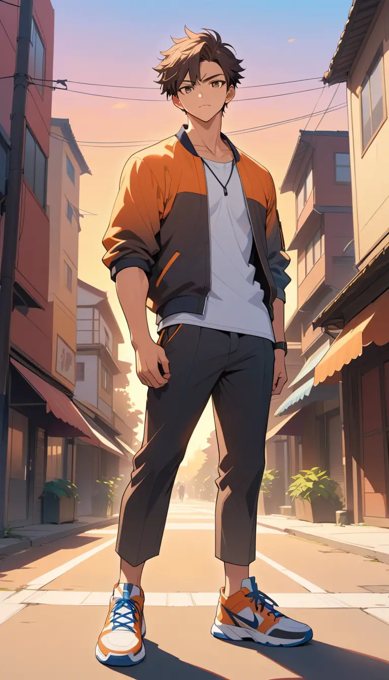 Jovem atlético em cena de pôr do sol quente em anime