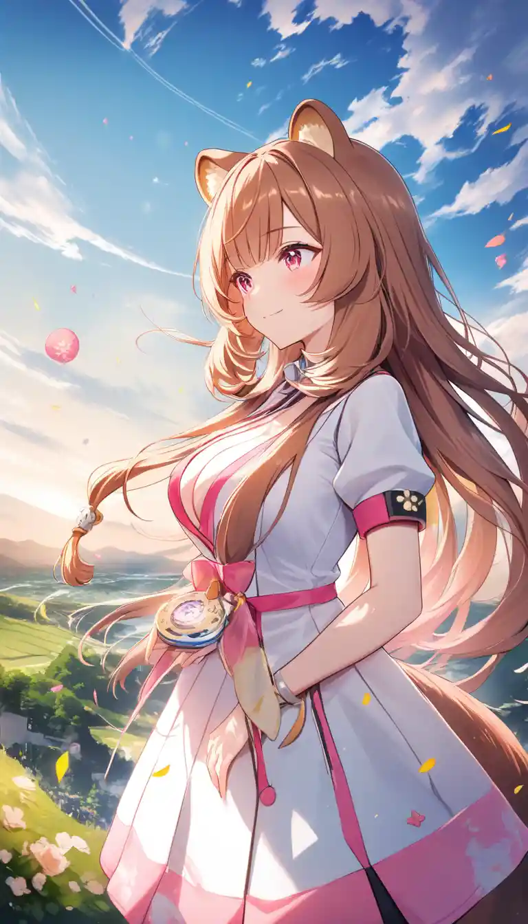 Fille raton laveur anime en robe blanche flottant dans le ciel
