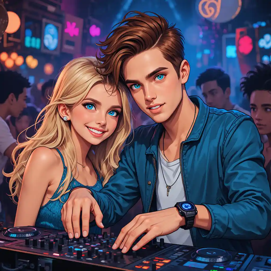 Junger DJ und lächelndes Mädchen in einer lebhaften Nachtclub-Illustration