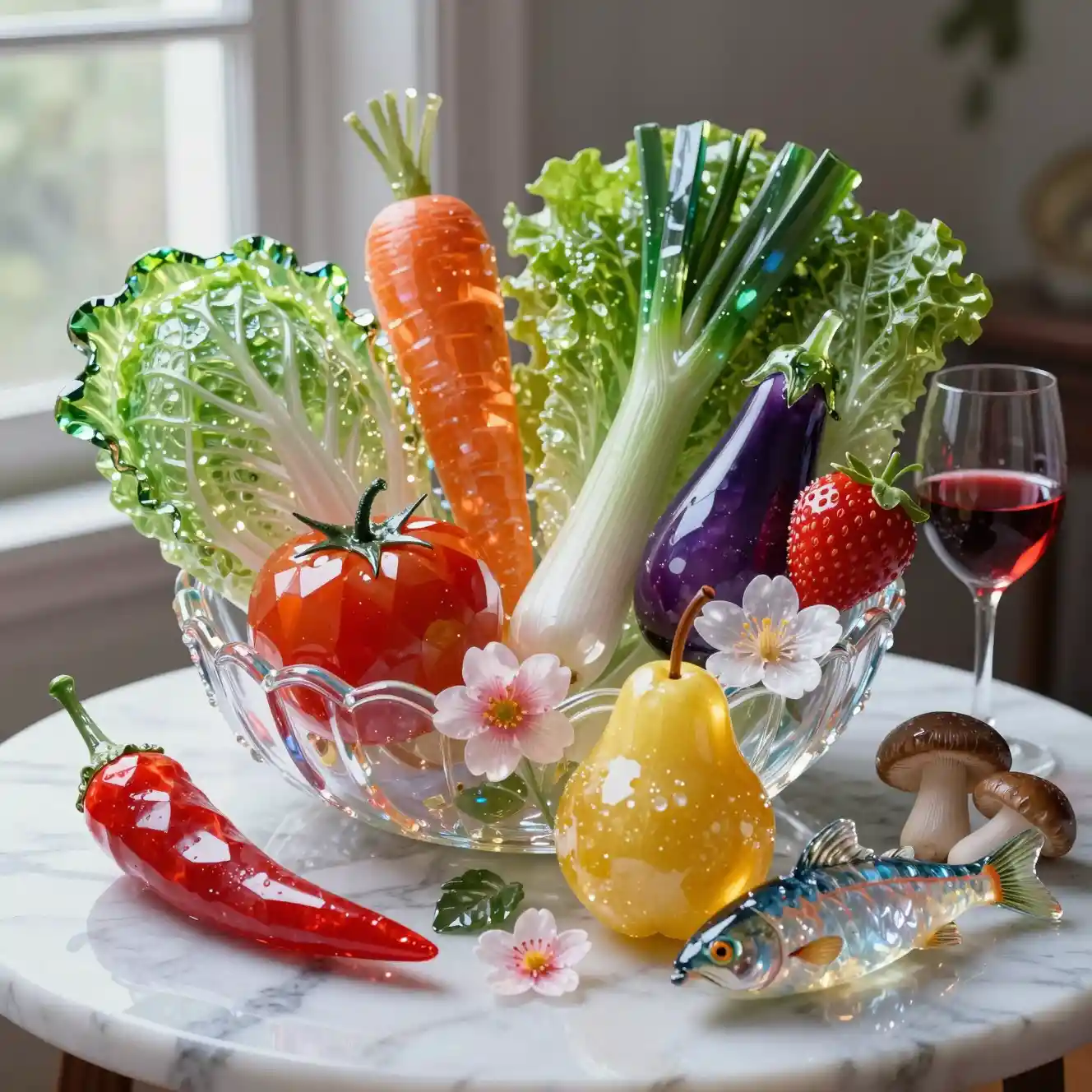 Crystal glass fruits and vegetables on marble table