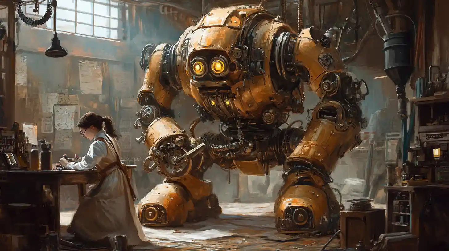 Robot steampunk y mecánica en el desordenado taller de un inventor