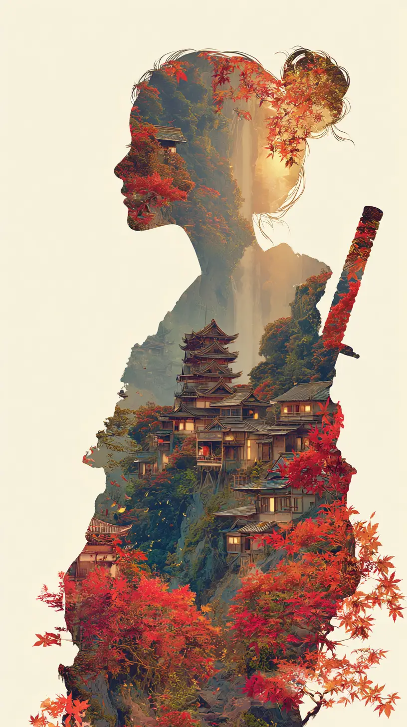 Frauen-Silhouette mit japanischer Bergdorf-Landschaft gefüllt