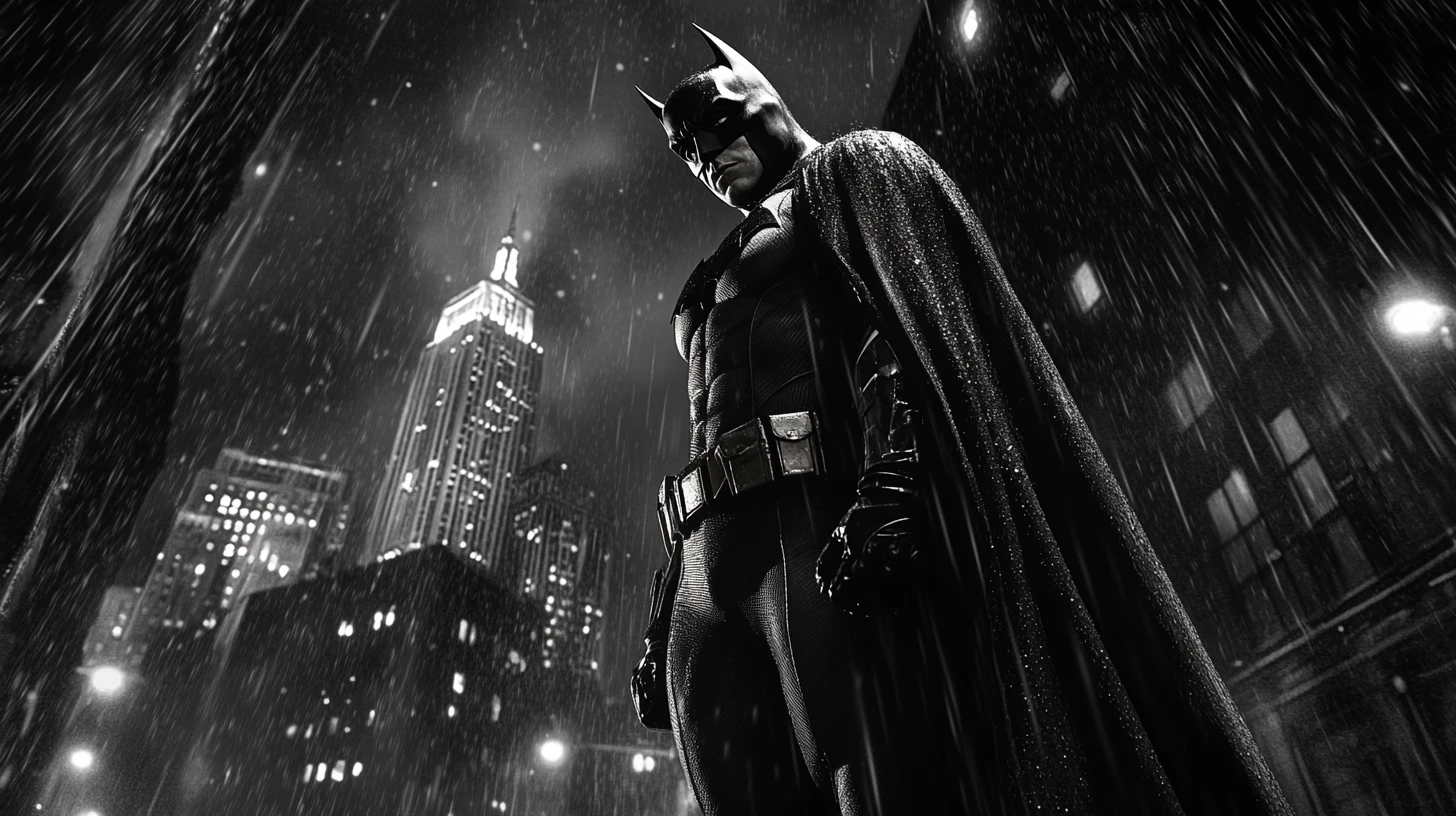 Super-herói de capa em rua molhada na paisagem urbana noir