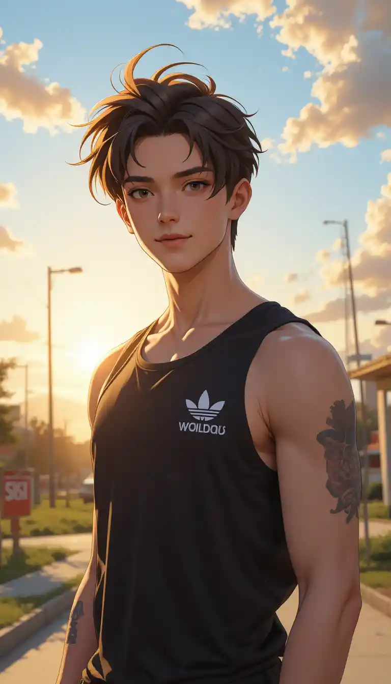 Homem de anime confiante em pé ao ar livre na hora dourada