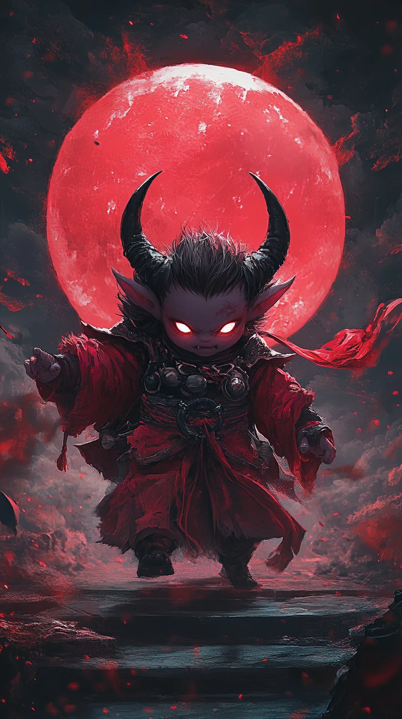 Bebê demônio chibi flutuando diante de uma lua vermelha brilhante