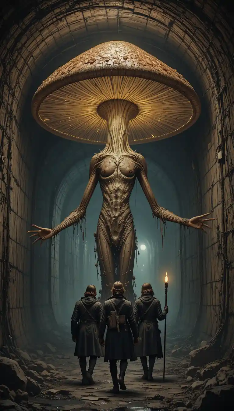 Champignon humanoïde lumineux guidant des aventuriers dans des tunnels d’égout
