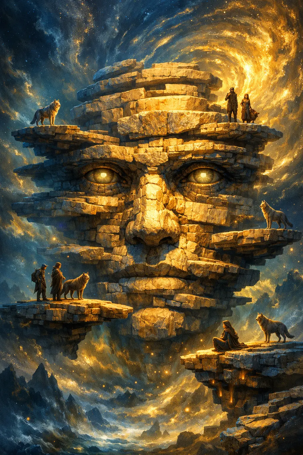 Gigante rostro de piedra con lobos en una luz surreal y onírica