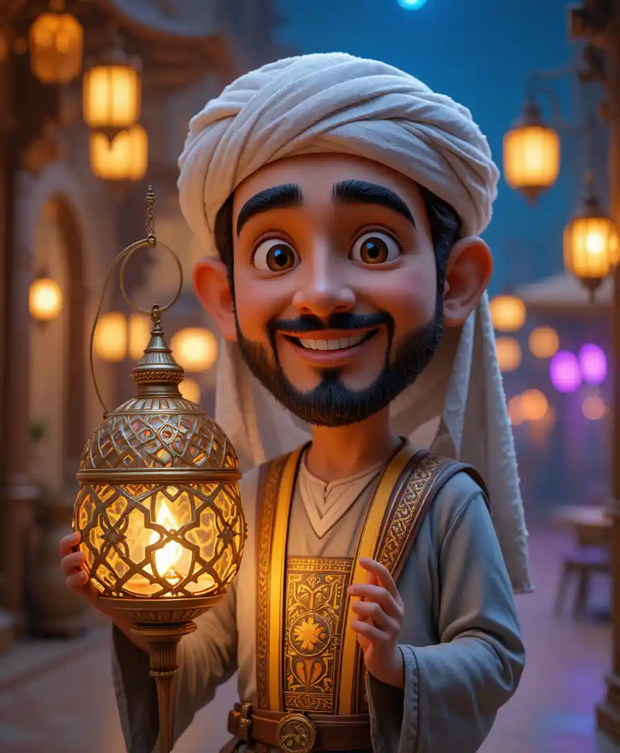 Joyful Egyptian man with glowing Ramadan lantern at night