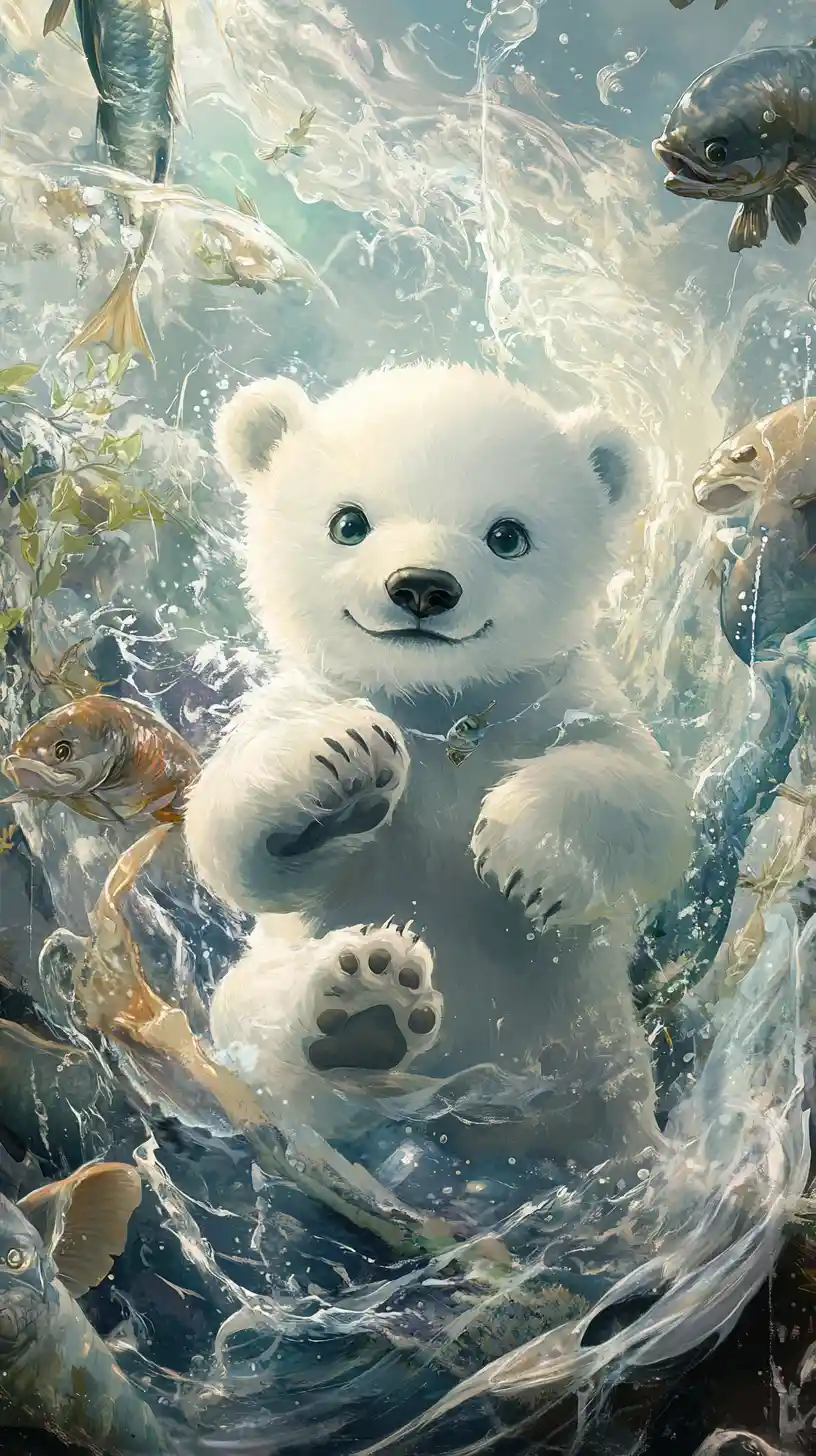 Adorável filhote de urso‑polar guerreiro em vestes hanfu esvoaçantes