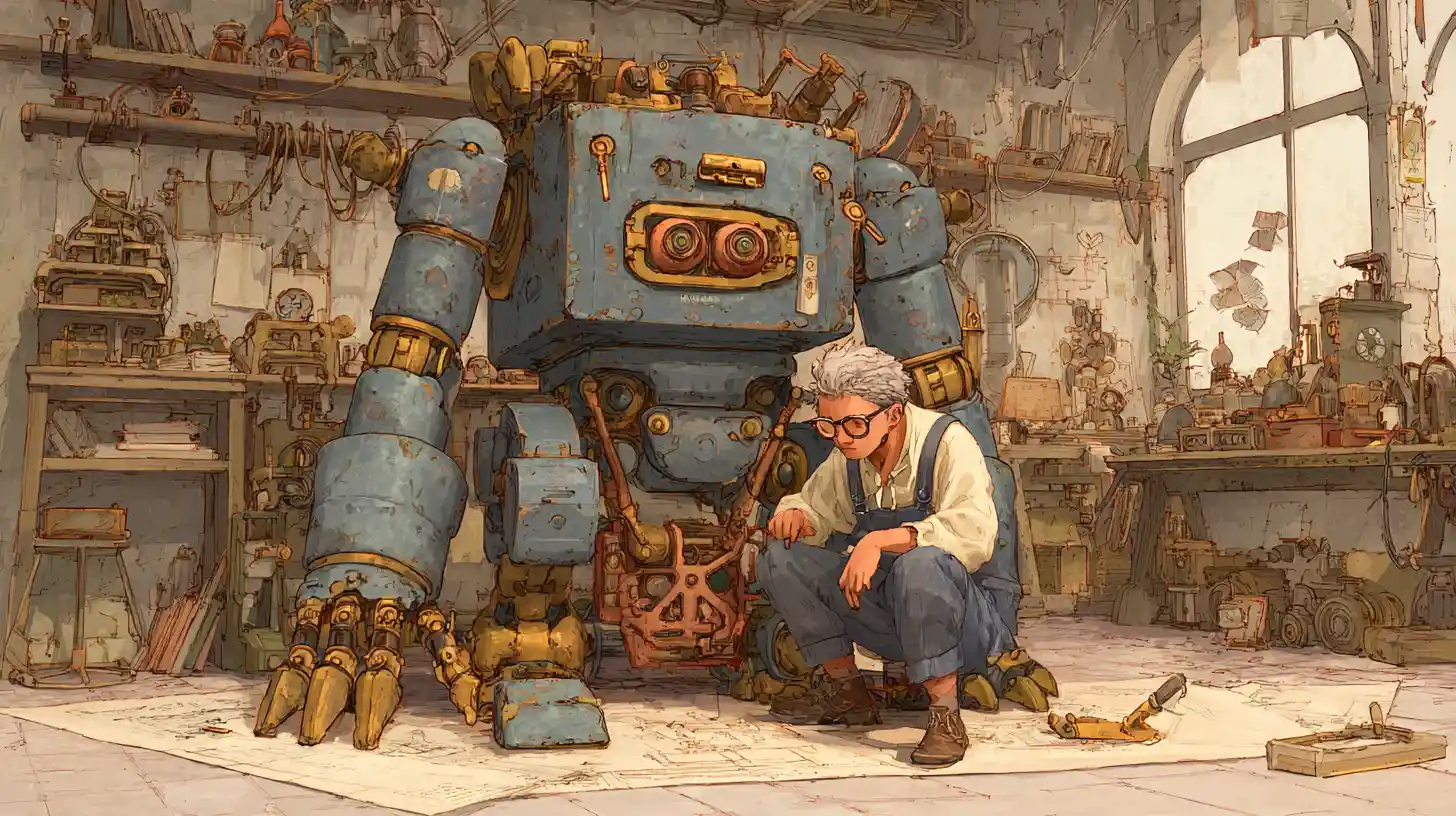 Robot steampunk et mécanicienne dans l’atelier encombré d’un inventeur
