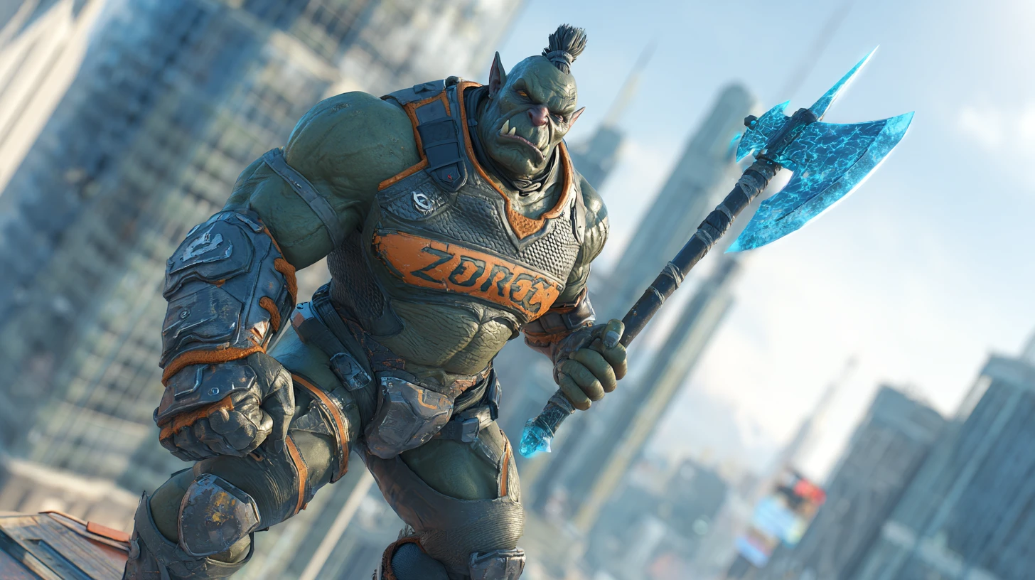 Muscular orc superhero posing with glowing battle axe