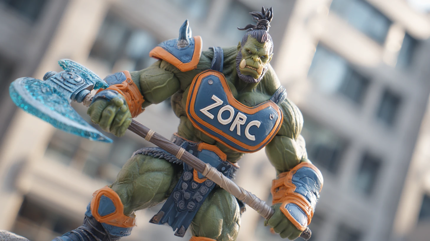 Super-herói orc musculoso posando em um telhado da cidade à noite
