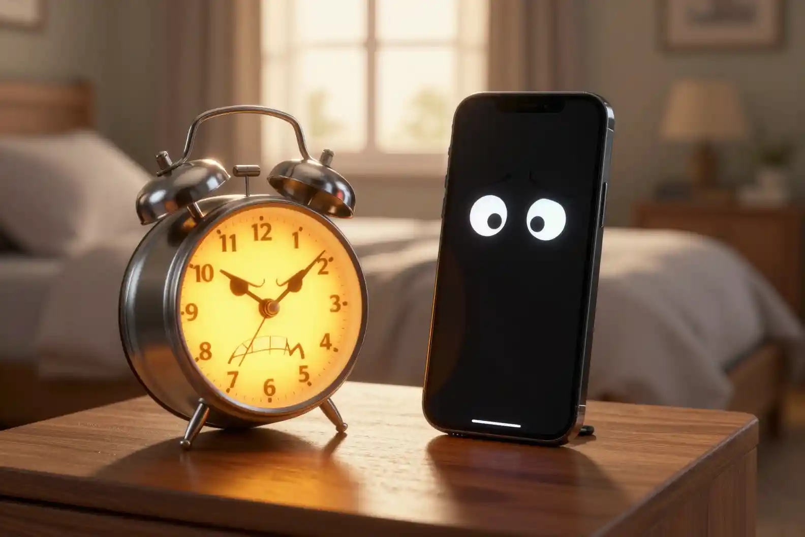 Angry alarm clock confronting a worried smartphone at sunrise