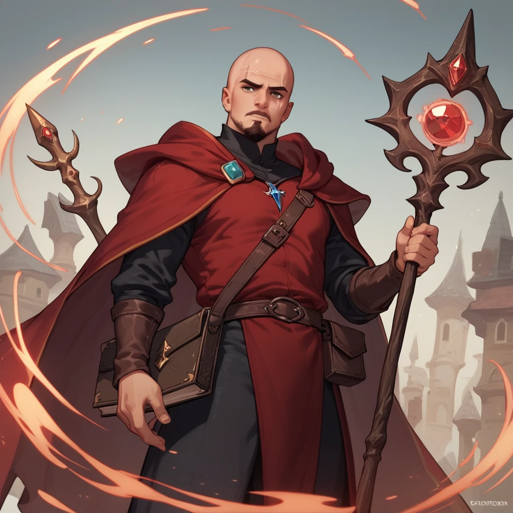 Bald sorceress in red robes holding a magical staff