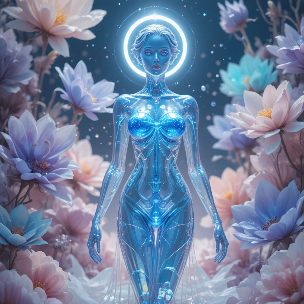 Kristallfrauenstatue in leuchtender surrealer Blumen-Traumlandschaft
