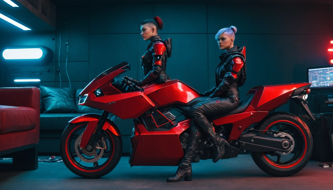 Cyberpunk woman resting on a couch beside a red motorcycle